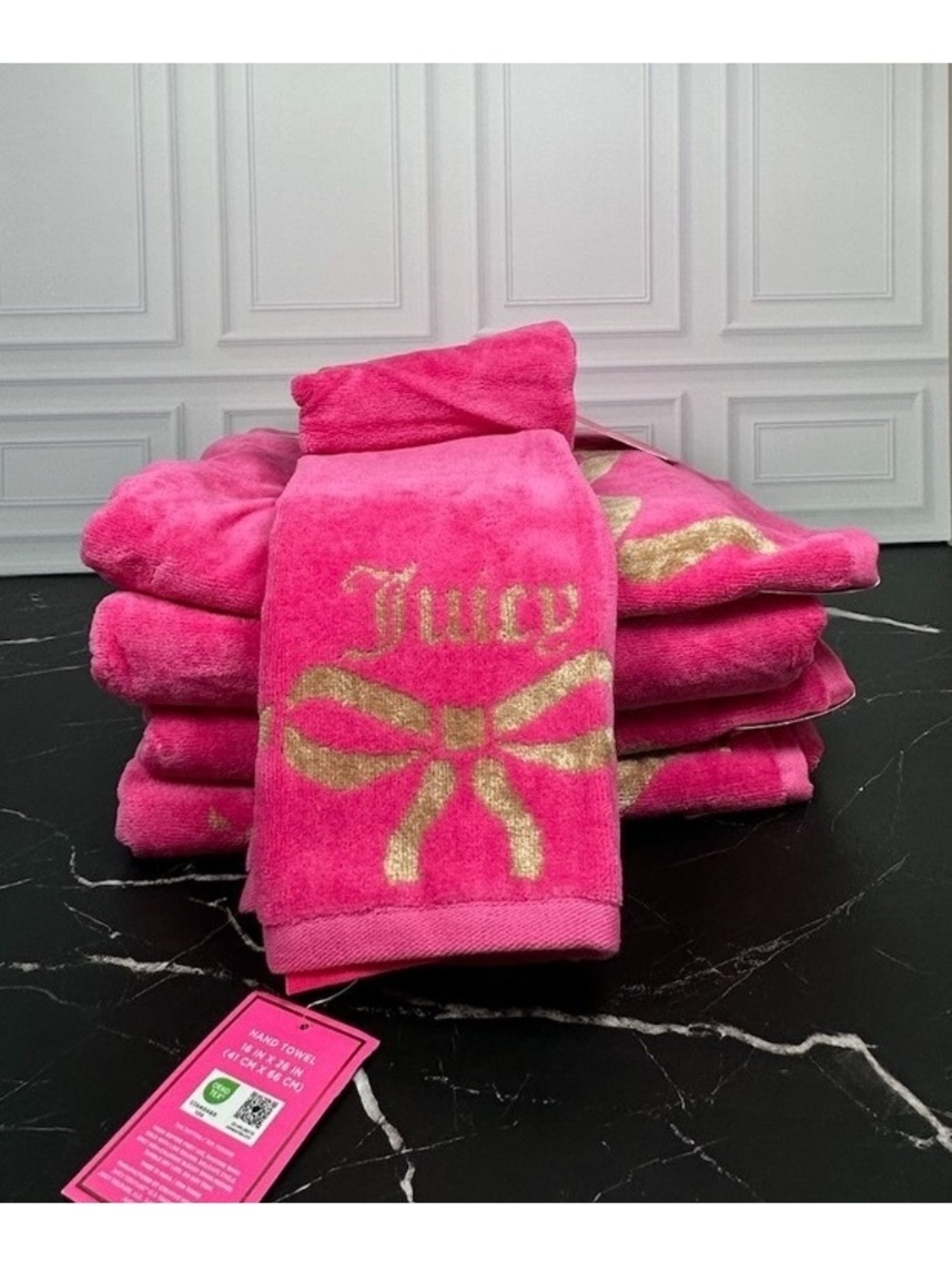 Juicy Couture Pink & Gold Bow (4) Bath Towels and (2) Hand Towels